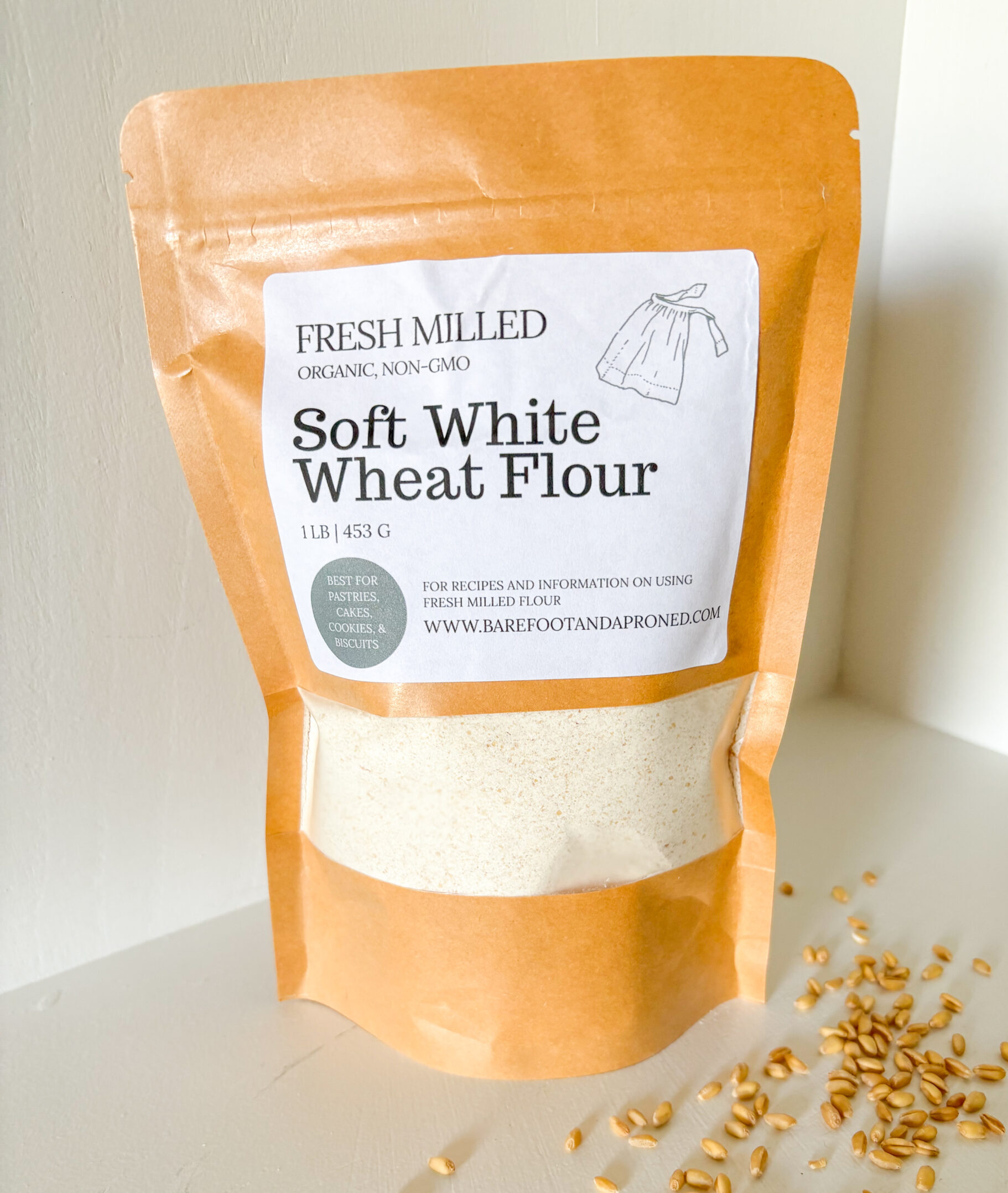 bag of fresh milled soft white wheat flour with wheat berries