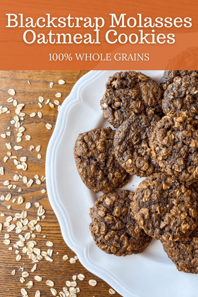 blackstrap molasses oatmeal cookies on a white plate on a kitchen table with oats