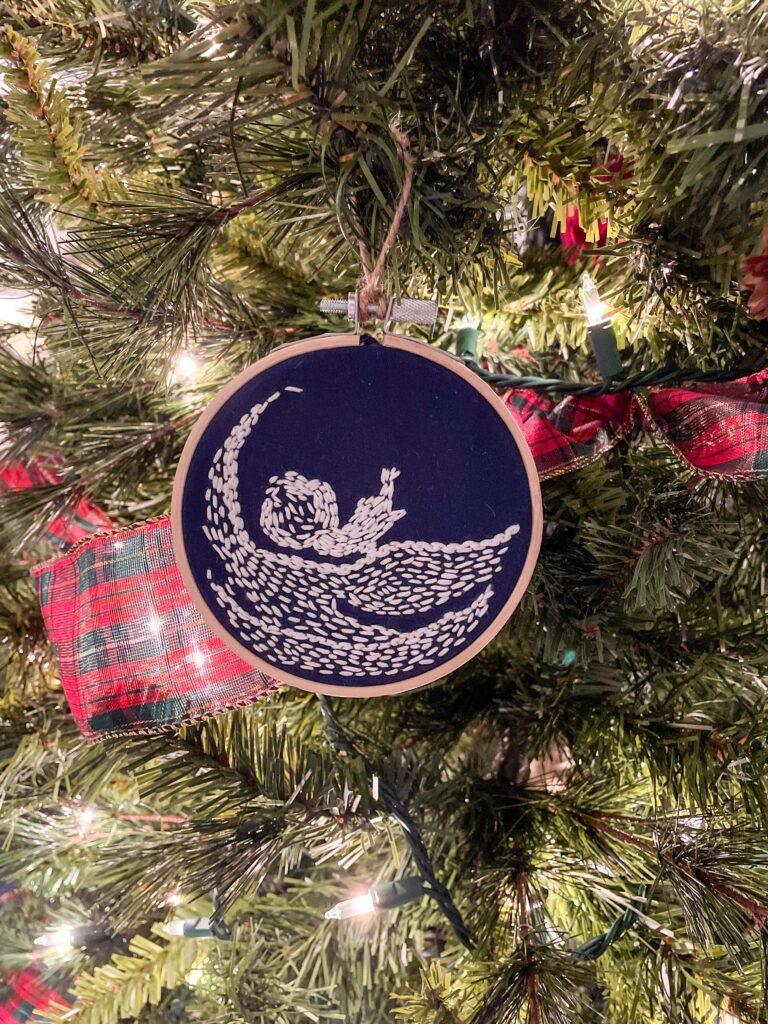 ultrasound hand embroidery ornament on a Christmas tree