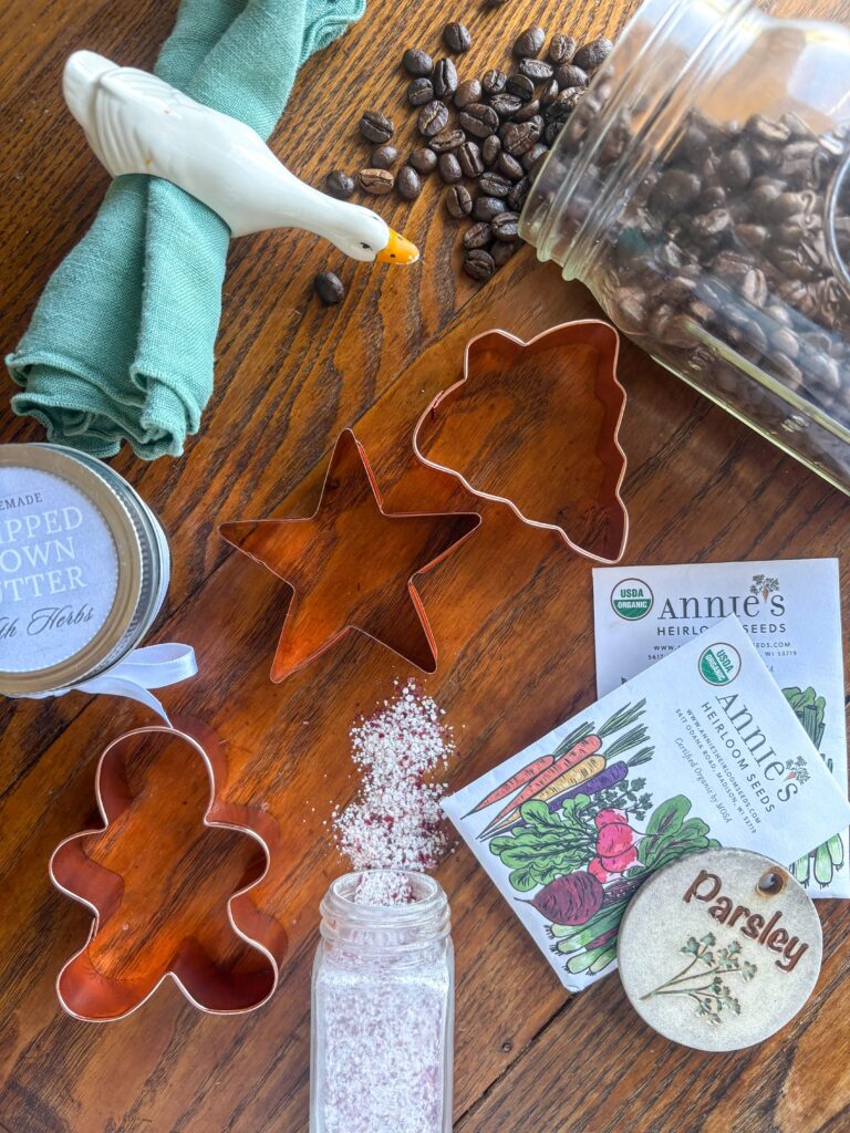 handmade gifts for homemakers arranged on a wooden kitchen table