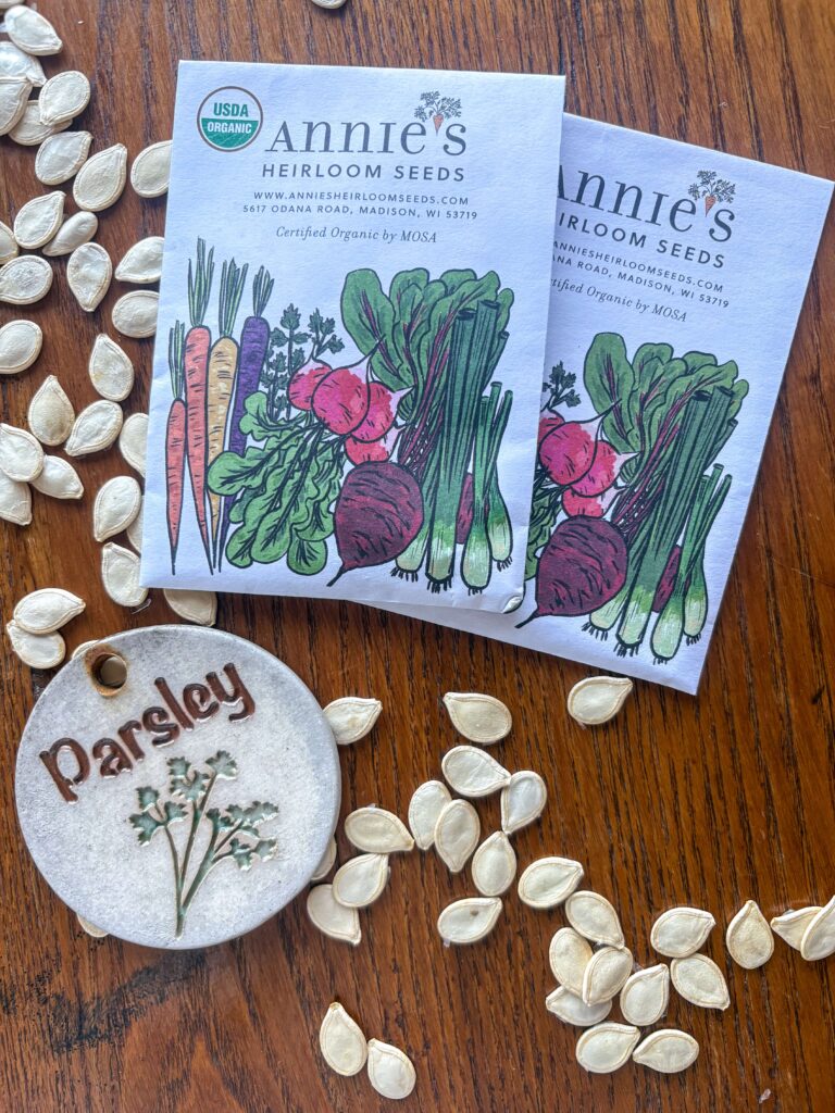 heirloom seeds on a kitchen table with handmade plant markers and pumpkin seeds